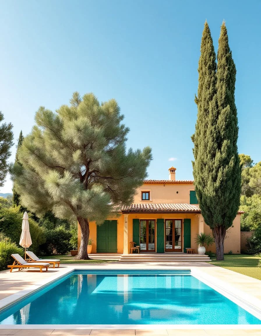 Traditionelle Finca auf Mallorca mit großem Pool, Palmen und Olivenbäumen
