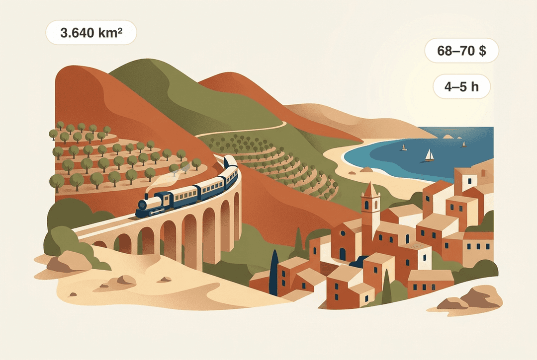 Excursões em Maiorca: comboio histórico sobre um viaduto, com uma aldeia costeira e o mar ao fundo — a ilha tem cerca de 3.640 km²; segundo os operadores, os passeios de barco e de catamarã começam nos cerca de 68–70 dólares americanos por pessoa e duram geralmente 4–5 horas.