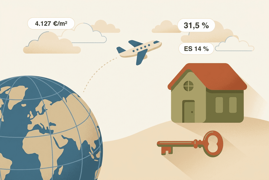 Um globo, um avião e uma casa com uma chave: no quarto trimestre de 2025, cerca de 31,5% de todas as compras de habitação nas Baleares foram realizadas por compradores internacionais — mais do dobro da média espanhola, de cerca de 14%; os imóveis em segunda mão custavam ali cerca de 4.127 €/m².