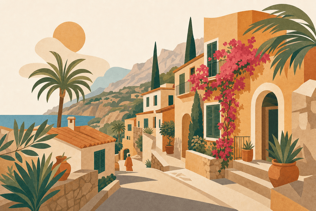 Una stradina residenziale in stile mediterraneo nel sud-ovest di Maiorca, con palme, case in pietra e vista sul mare, simbolo della vita da espatriato