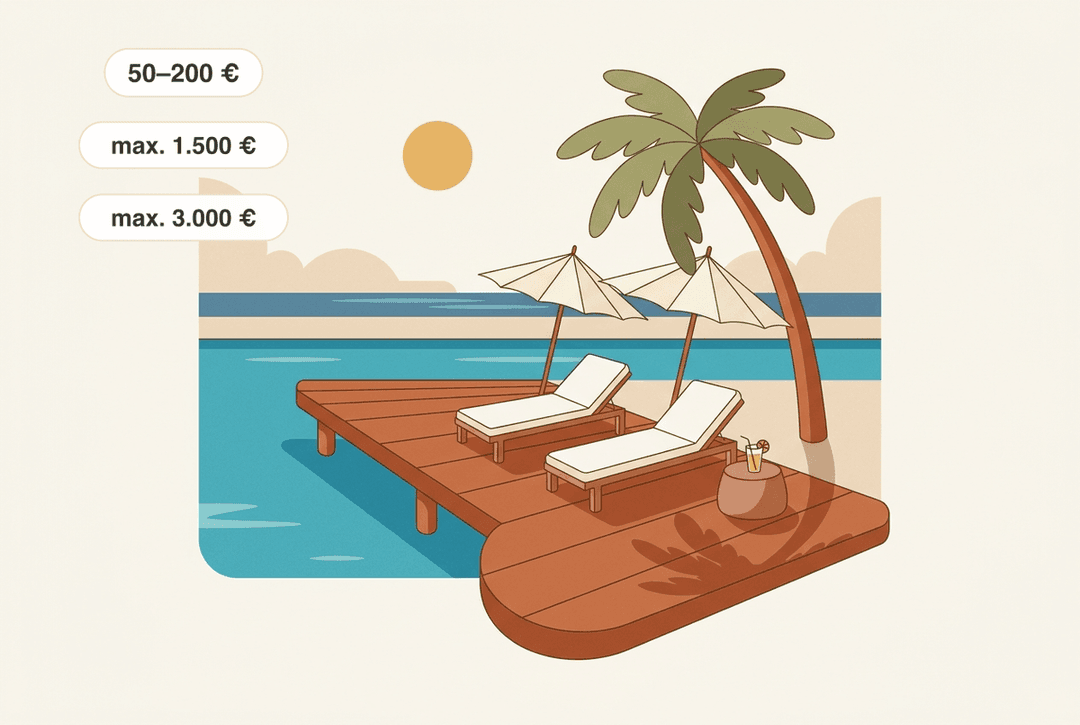 Beach club em Mallorca: passadiço com espreguiçadeiras, guarda-sóis e palmeira — as regras de praia e de conduta das Baleares também se aplicam aqui, com multas entre 50 e 200 € (por exemplo, por andar de fato de banho no centro da cidade), que podem chegar aos 1.500 € (por urinar em locais públicos) ou aos 3.000 € (por tomar banho com bandeira vermelha ou consumir álcool em público).