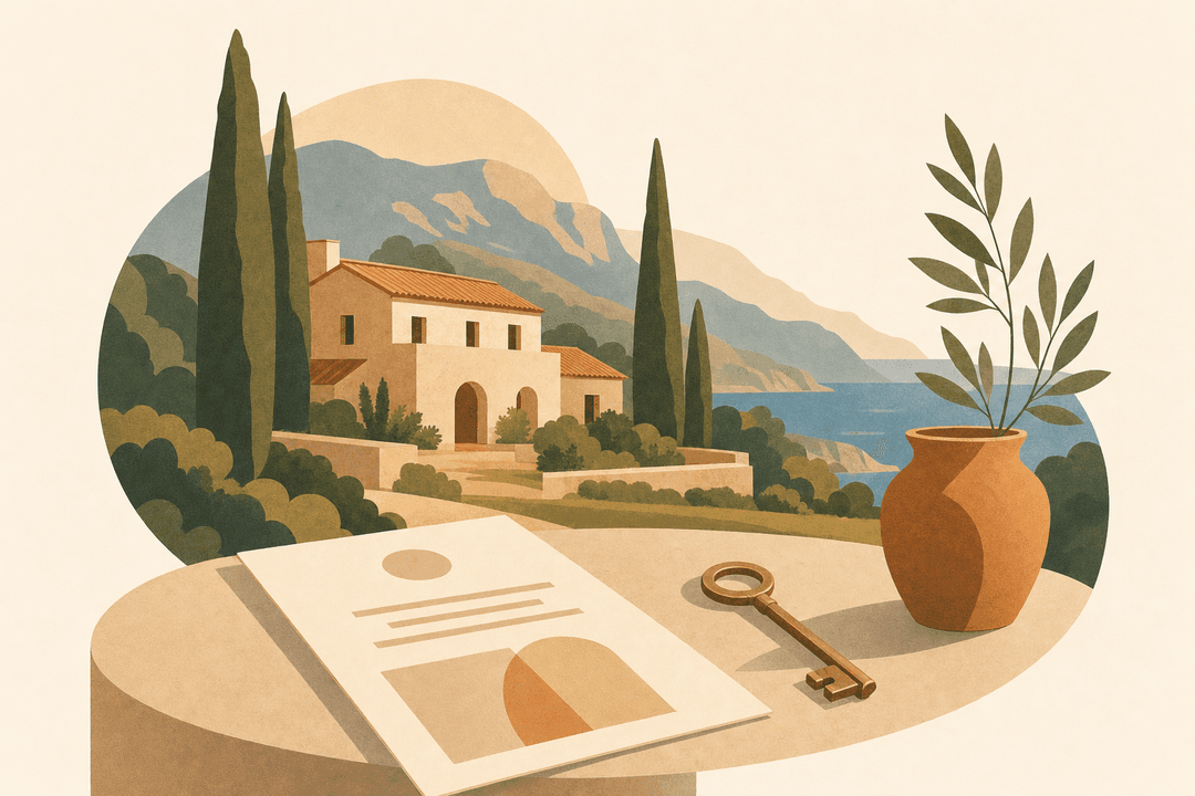 Villa mediterrânica de pedra em Mallorca ao entardecer, com a serra de Tramuntana em plano de fundo, como símbolo da transmissão de imóveis por herança nas Baleares