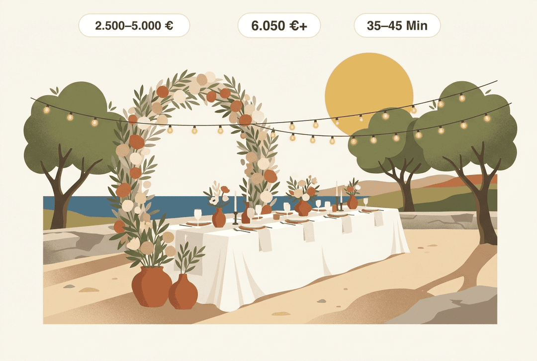 Espaço para casamento em Maiorca: mesa festiva posta sob oliveiras — uma pequena finca privada custa, regra geral, 2.500–5.000 € por semana; uma grande finca para eventos, a partir de 6.050 € (até 125 convidados). O aeroporto fica habitualmente a 35–45 minutos de distância.