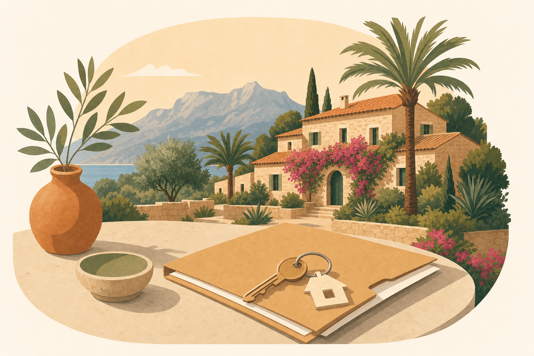 Villa mediterrânica em Maiorca com chave e documentação de compra, imagem ilustrativa da compra de um imóvel passo a passo