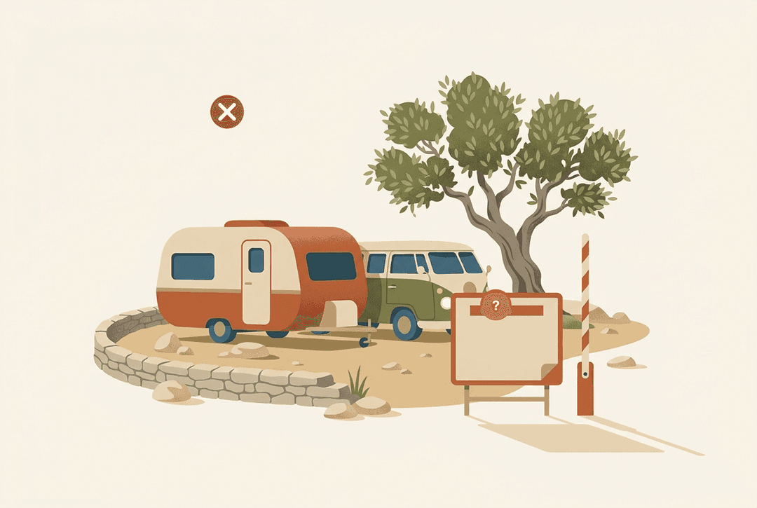 Ilustração simples de uma caravana e uma autocaravana num terreno murado, com uma placa em branco e uma cancela. Os símbolos explicam: em regra, é proibido instalar uma casa móvel em suelo rústico (cruz vermelha); a possibilidade de obter licença depende da classificação do terreno, da duração da instalação e da ligação às redes (ponto de interrogação).