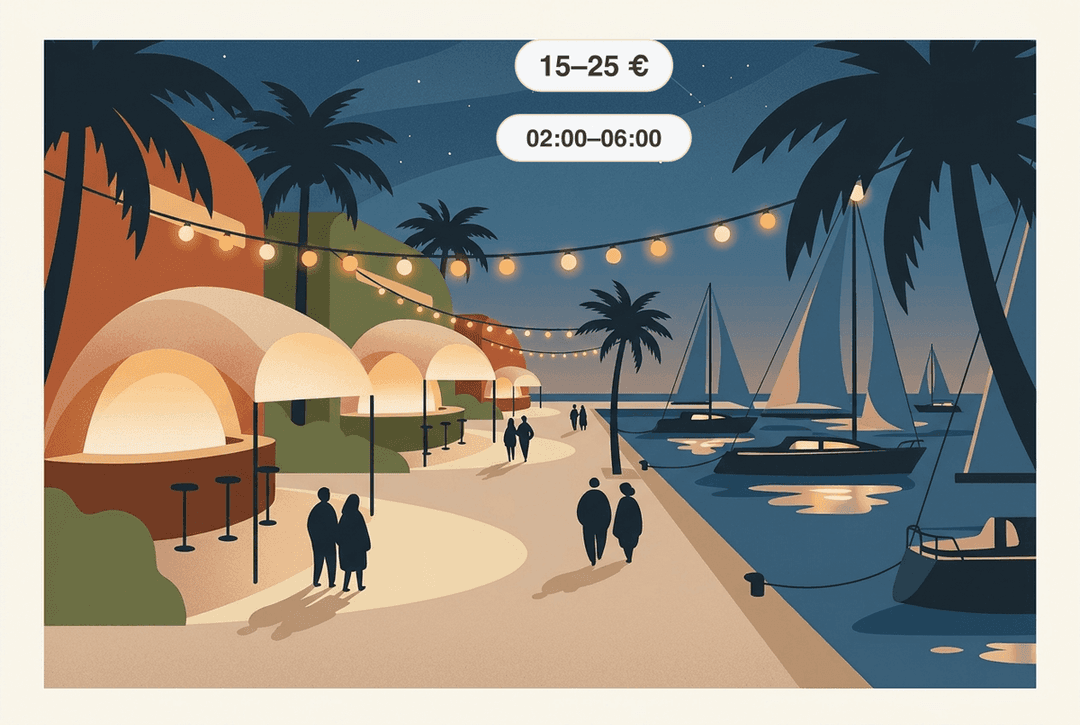 Vida noturna em Maiorca: passeio marítimo iluminado junto à praia, com bares, luzes decorativas e barcos à noite — a entrada nas grandes discotecas do Paseo Marítimo custa geralmente 15–25 €, com bebida incluída; às sextas e aos sábados, só começa a encher por volta das 2h e prolonga-se até de manhã.
