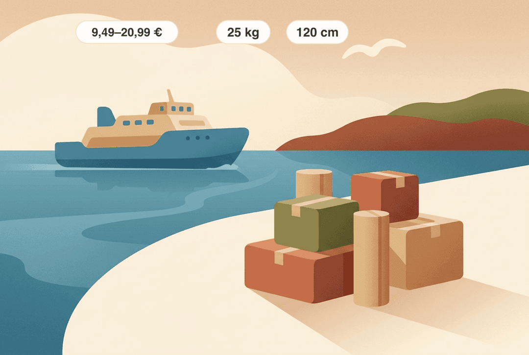 Encomenda para Maiorca: ferry e encomendas empilhadas na praia; as etiquetas apresentam os dados essenciais da Hermes — preços online entre 9,49 € e 20,99 €, consoante o tamanho, peso máximo de 25 kg e soma dos lados até 120 cm (o lado mais comprido mais o mais curto).