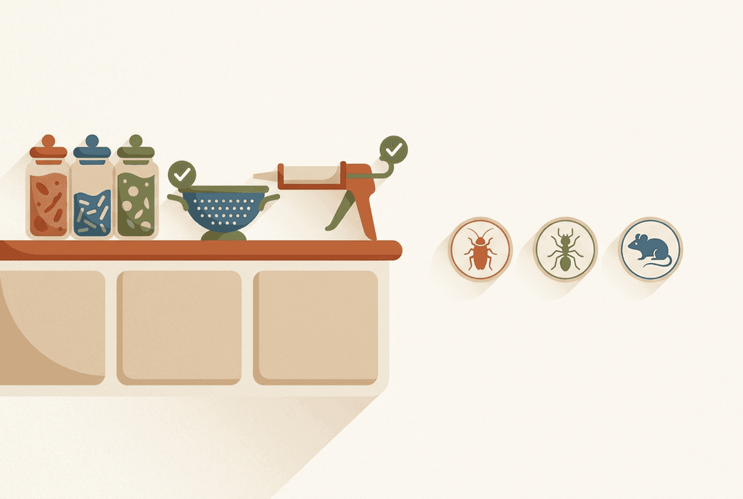 Ilustração plana de uma bancada de cozinha com frascos de mantimentos, coador de ralo, pistola de silicone e símbolos de barata, formiga e rato. Vistos verdes assinalam duas medidas eficazes para prevenir pragas em Maiorca: coadores nos ralos da casa de banho e da cozinha, bem como juntas e passagens de tubagens seladas com silicone. A época alta decorre de maio a outubro.
