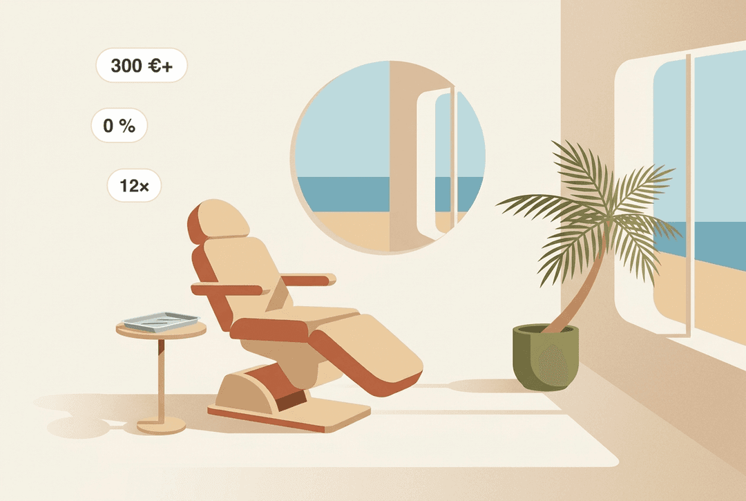 Clínica de cirurgia estética em Mallorca: cadeira de tratamentos, espelho e vista para o mar. Sobreposto, o enquadramento de financiamento referido no guia — nas clínicas participantes, há financiamento a partir de 300 €, com juros de 0 % por um prazo de até 12 meses.