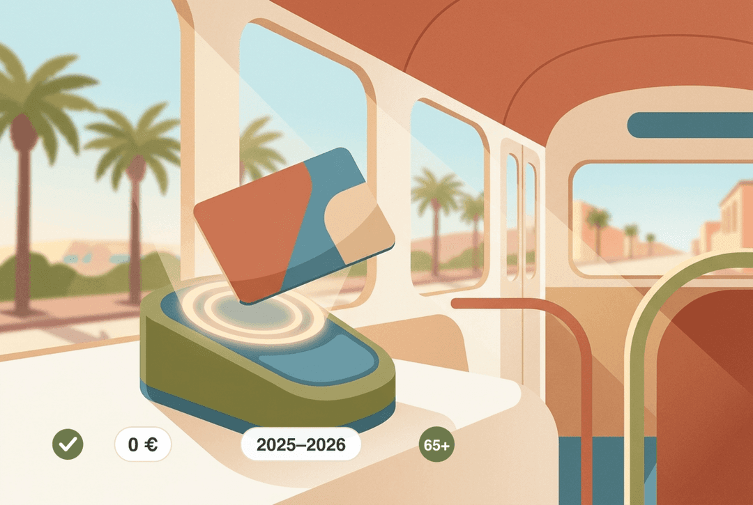 Tarjeta Ciudadana em Palma: cartão no leitor do autocarro; os chips refletem a mudança — para os utilizadores elegíveis, as viagens são gratuitas em 2026 (0 €), mas o cartão continua a ter de ser validado. A transição para a Tarjeta Única decorre entre 2025 e 2026 e, a partir dos 65 anos, não é necessária marcação prévia.