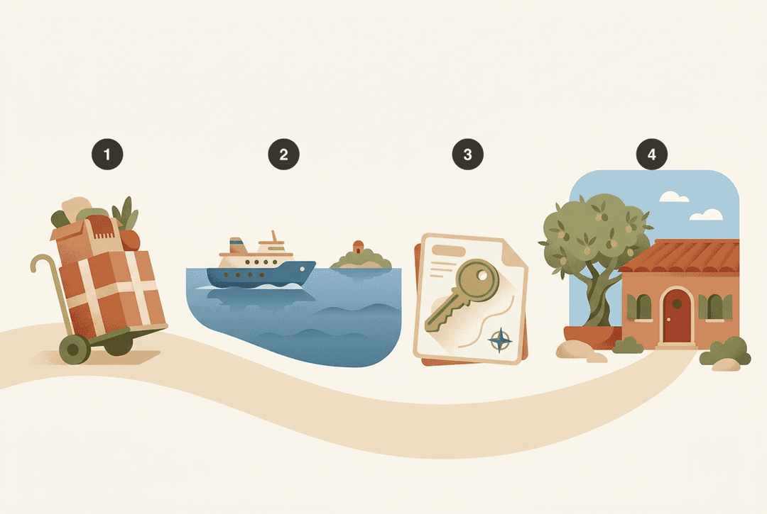 Enkel illustration av flytten till Mallorca som en process i fyra steg (numrerade markörer 1 till 4): 1 Flytt och ankomst med flyttlådor, 2 Hitta en lägenhet eller Finca, 3 Ansöka om NIE-nummer och öppna ett bankkonto, 4 Registrera sig i det nya hemmet (Empadronamiento).