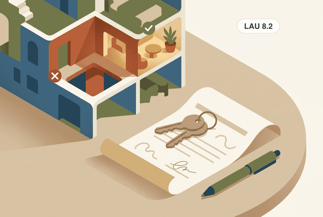 Ilustração isométrica de um edifício residencial em corte, com um contrato assinado e chaves. Os símbolos explicam o artigo 8.º, n.º 2, da LAU: o subarrendamento — mesmo de apenas um quarto — só é permitido com o consentimento expresso e por escrito do senhorio (visto verde); sem consentimento, considera-se não autorizado e é motivo para resolução do contrato (cruz vermelha).