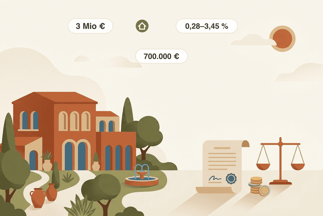 Ilustração simples de uma villa mediterrânica com um documento fiscal simbólico, moedas e uma balança. Os símbolos explicam o imposto espanhol sobre o património em Maiorca: desde 2024, a isenção nas Baleares é de 3 milhões de euros por pessoa (símbolo de casa = Baleares/residência), enquanto a isenção estatal para não residentes é de 700.000 €; nas Baleares, a taxa varia entre 0,28% e 3,45% ao ano.