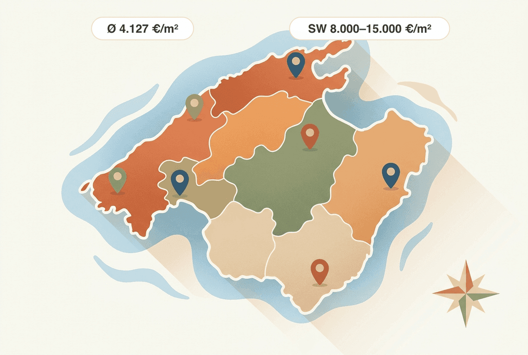 Um mapa estilizado de Maiorca com oito regiões e marcadores de localização: os imóveis existentes custam, em média, cerca de 4.127 €/m² em toda a ilha (4.º trimestre de 2025), जबकि os imóveis de gama alta no dispendioso sudoeste (Calvià, Andratx, Portals) situam-se entre 8.000 e 15.000 €/m², segundo uma análise do setor.