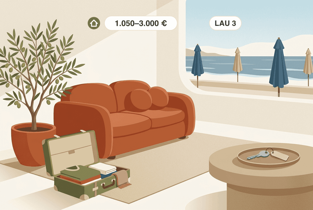 Ilustração em estilo plano de uma sala mobilada, com mala, chaves e vista para o mar. Os símbolos explicam que o alojamento temporário corresponde ao arrendamento sazonal previsto no artigo 3.º da LAU; os exemplos de rendas mensais vão de cerca de 1.050 € por um apartamento a aproximadamente 3.000 € por uma finca com piscina, consoante a localização e o equipamento.